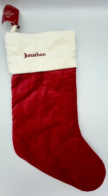 POTTERY BARN CLASSIC VELVET CHRISTMAS STOCKING *JONATHAN* RED IVORY MEDIUM NWT-image