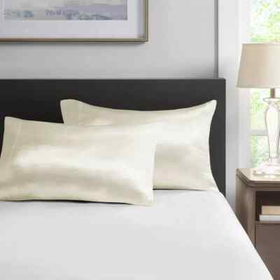 Madison Park Satin Luxury 2pc Pillowcase Set Size King Ivory Shams wrinkle-free-image