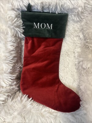 Pottery Barn Classic Velvet Stockings Red W/ Green Cuff  “Mom” Monogram-M 19.5-image
