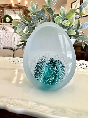 Leixus J. Machalek Studios France Teal Frosted Art Glass Egg Shaped Paperweight-image