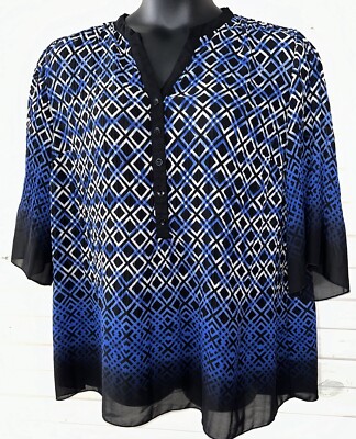 Catherines Sz PLUS 0X (14/16W) Blue Black Geo Dip Dyed Pullover Sheer Tunic EUC-image