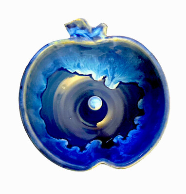 Apple Shaped Baking Dish Blue Drip Glaze Signed Pottery Apple Dumpling Bunt Cake-image