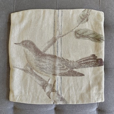Pottery Barn Bird Pillow Cover 20x20 Beige Linen Cotton Square Textured Zip Up-image