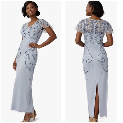 Papell Studio Beaded Flutter Long Gown Dress Womens 8 Light Blue Evening Prom-image