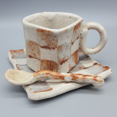 Checkered Square Coffee Tea Cup Saucer, Spoon Studio Art Pottery Rustic Speckled-image