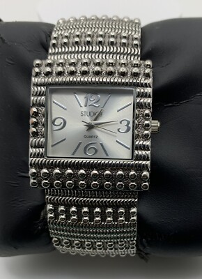 STUDIO TIME Silver Tone Studded Cuff Ladies Watch Large Dial and Cuff WORKING-image