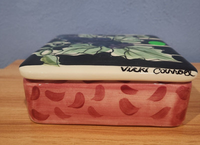 Vicki Carroll Studio Signed Hand Painted Ceramic Trinket Dish & Lid Bon Appetite-image