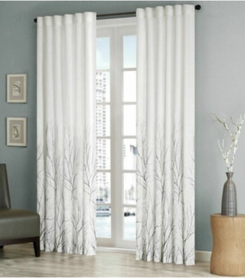 Madison Park Luxury White Faux Silk Embroidered Lined Rod Pocket Curtain Panel-image