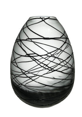 VTG Murano Threaded Italian Art Glass Egg Shaped Vase Black White Gray 8-3/4”H-image