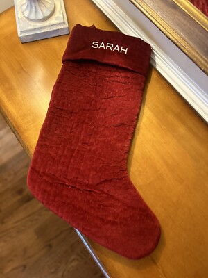 Pottery Barn Channel Quilted Velvet Stocking Red LARGE Mono “Sarah” Read!-image
