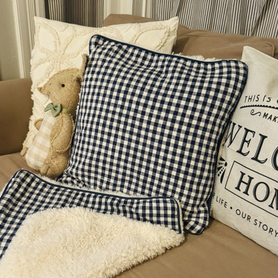 PAIR of Pottery Barn Gingham Sherpa Reversible Pillow Covers 18