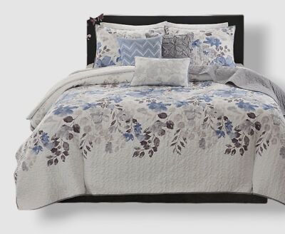 Madison Park Blue Floral Quilted Coverlet Set California King 6 PC-image