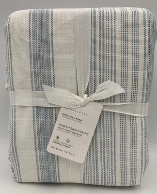 Pottery Barn Hawthorn Striped Cotton Duvet Cover Blue King Cal #N330-image