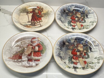 Set Of 4 pottery barn nostalgic 8.5” Santa plates Christmas Salad Dessert Plate-image