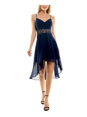 CITY STUDIO Womens Navy Asymmetric Hem Spaghetti Strap Midi Dress Juniors 9-image