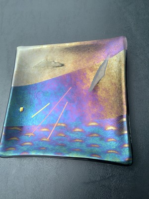 Vintage Modern Signed Gaya Studio Fused Art Glass Square Plate Trinket Dish Tray-image