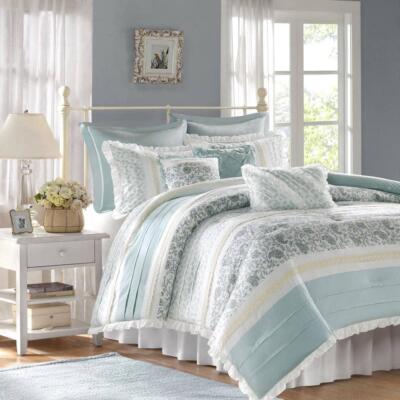 Madison Park Vanessa Comforter Set Cotton Percale Queen Size in Aqua (9-Piece)-image