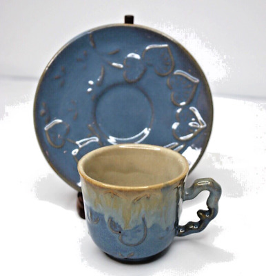Small Studio Art Pottery Blue Heart Cup & Saucer with Wood Display Stand-image