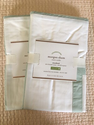 Set/2 Pottery Barn Morgan Standard Shams White/Eucalyptus NWT Gorgeous!!-image