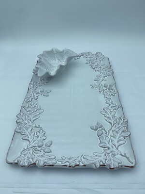Mud Pie White Glazed Terracotta Oak leaf Attached Chip And Dip Bowl Platter-image