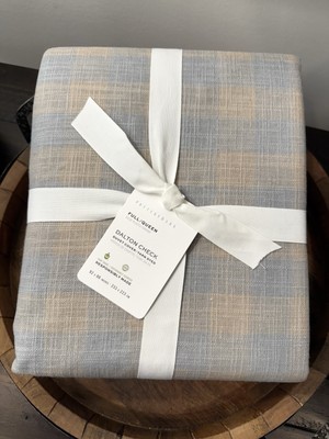 Pottery Barn Dalton Check Full/Queen Duvet Blue Linen/Cotton NEW-image