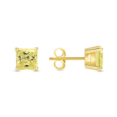 2 Ct Princess Cut Canary Earrings Studs Solid 18K Yellow Gold Push Back Basket-image