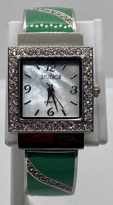 NEW STUDIO TIME Ladies Watch Fresh Battery Green W/crystals Hinged 6.5” Band-image