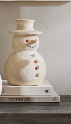 Pottery Barn Terracotta  White Snowman Luminary Figurine Small 11.5  New in Box-image