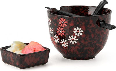  Ceramic Ramen Bowl with Square Dipping Saucer Chopsticks & Soup Spoon-image