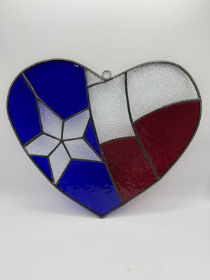 VTG Stained Glass Red &Blue Texas Heart Shaped Suncatcher Window Wall Hanging-image