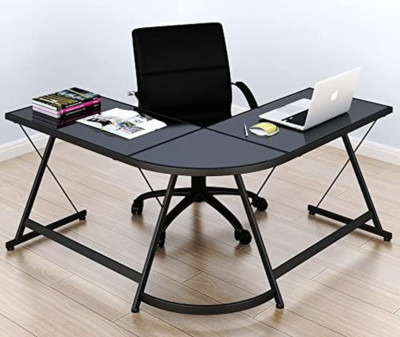 Desk Computer L Shape Corner Studio Table Black Glass Top NEW-image
