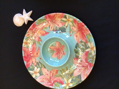 TOMMY BAHAMA Melamine Hawaiian Tropical Day Lilly flowers chip n dip platter-image