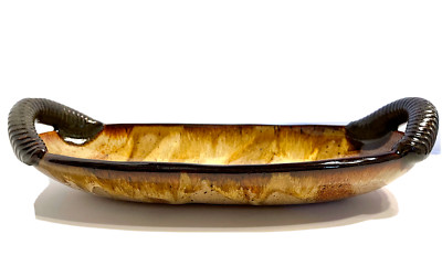 Stoneware Pottery Artist Signed Oval Boat Shaped Ceramic Glazed Dish-image