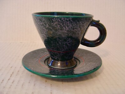 HAND CRAFTED WHIMSICAL STUDIO POTTERY CONE SHAPED DARK GREEN  CUP AND SAUCER-image