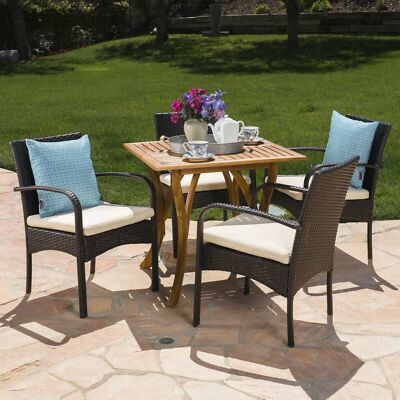 Derek Outdoor 5 Piece Acacia Wood/ Wicker Dining Set with Cushions, Teak Finish-image