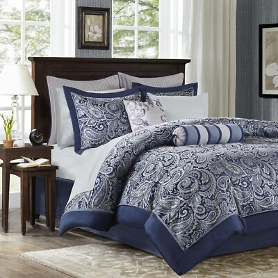 Madison Park 12-Pcs Faux Silk Jacquard Paisley Comforter Set-All Season Bedding-image