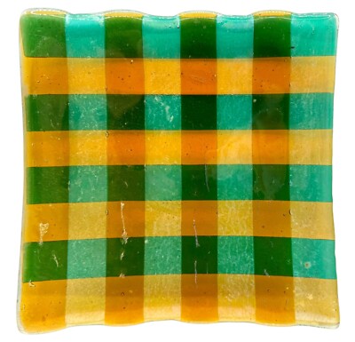 Signed Vintage Fused Studio Art Glass Plate Plaid Yellow Green Aqua Square 8”-image