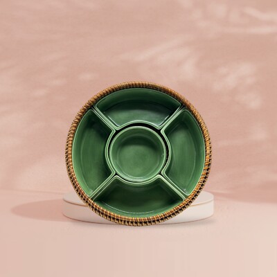 Rare Vintage Large Wicker Basket Chip Dip, Hors D’oeurves Server Green Pottery -image