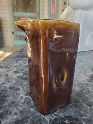 VTG MCM Studio Pottery Pitcher Jug Brown Glazed Ceramic square tall 8