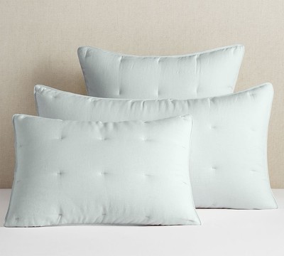 Pottery Barn Belgian Flax Linen Tufted Quilted Standard Shams (2) Blue Frost NWT-image