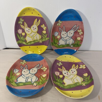 Studio 33 Easter Bunny Egg Shaped porcelain plates 9 1/4” X 6 3/8” Crackling-image