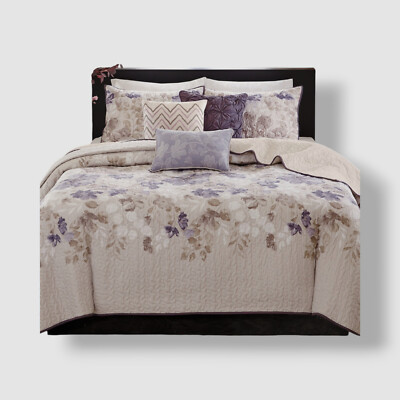 Madison Park Beige Purple Luna 6 Piece Quilt Set & Throw Pillows Cal-King/King.-image