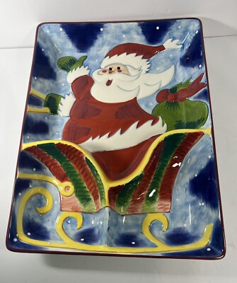 Clay Art Ceramic Sleigh Ride Chip Dip Platter Santa Serving Tray 15.25
