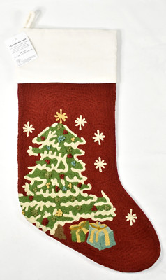 Pottery Barn Crewel Embroidered Christmas Tree Red Stocking NEW No Monogram-image