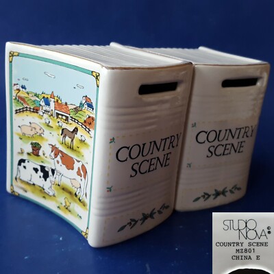 2 Mikasa Studio Nova COUNTRY SCENE Ceramic Book-Shaped Banks/Bookends. Barnyard-image