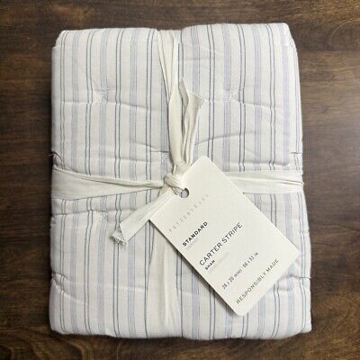 POTTERY BARN CARTER STRIPED QUILTED PILLOW SHAM, STANDARD ~ WHITE/CHAMBRAY-image