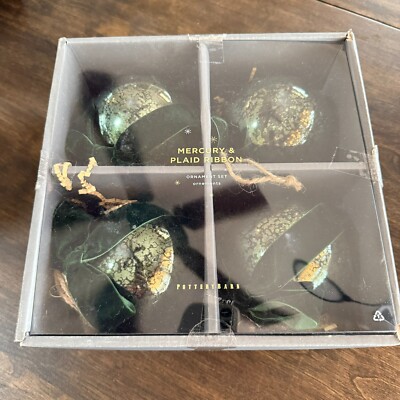 POTTERY BARN MERCURY BALLS W/ BOWS CHRISTMAS TREE ORNAMENTS, SET OF 4 ~ GREEN-image