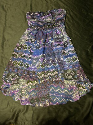 Size Large- Dip Hem Strapless Dress - Boho Pattern - Blue, Purple, Black-image