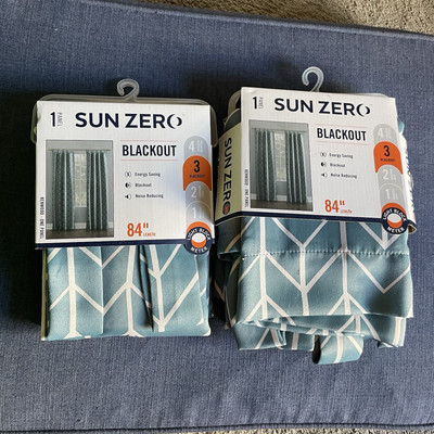 Sun Zero blue and white black out drape pair New-image