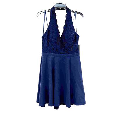 NWT Sz 13/14 City Studio Navy Fit And Flare Halter Dress Embroidered Sweetheart-image